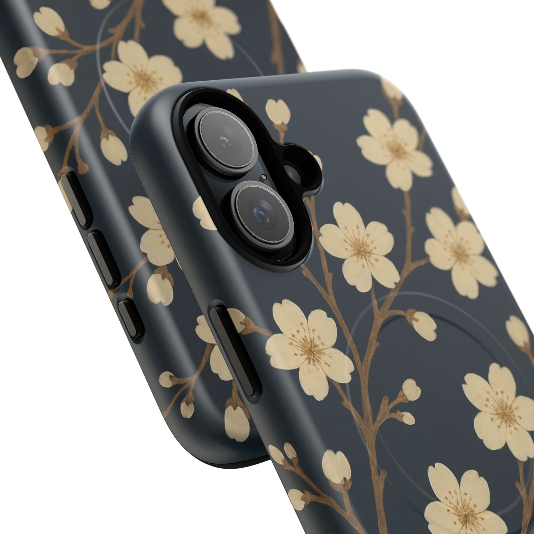 Navy Cherry Blossom Floral iPhone Case - Compatible with MagSafe - Shamo's