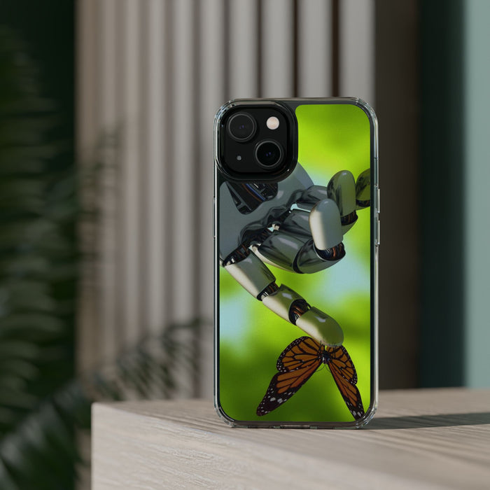 Clear Cases for iPhone 14 Series with Robotic hand and Butterfly.