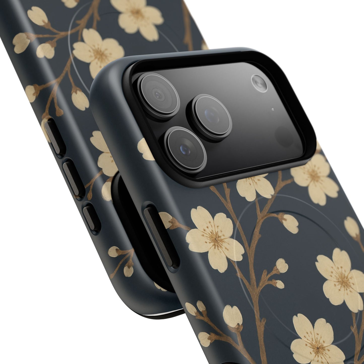 Navy Cherry Blossom Floral iPhone Case - Compatible with MagSafe