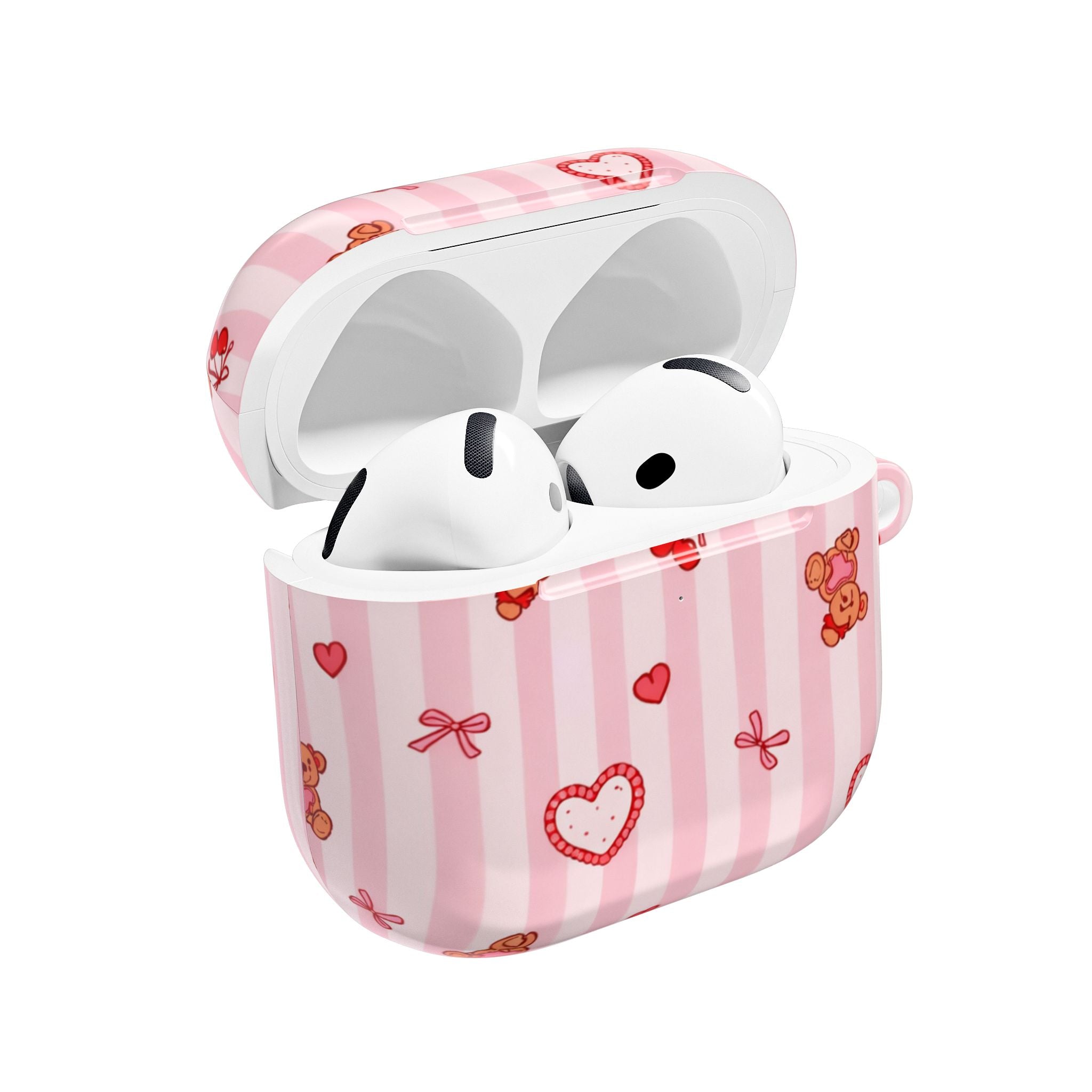 Pink Teddy Hearts AirPod Case, Cute Striped Protective Cover