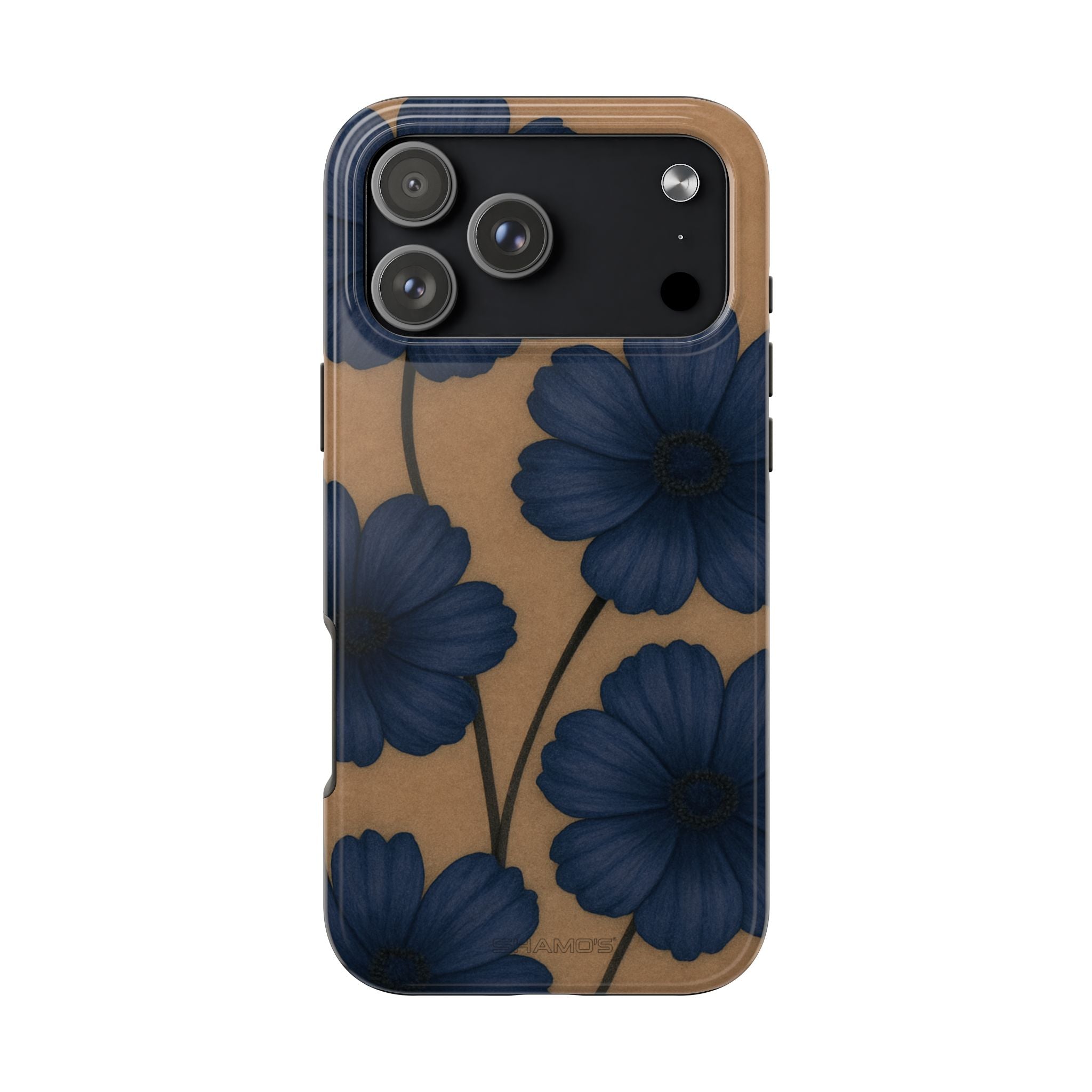 Navy Floral Tough Phone Case — Durable Protective Case with Blue Flowers on Kraft Background