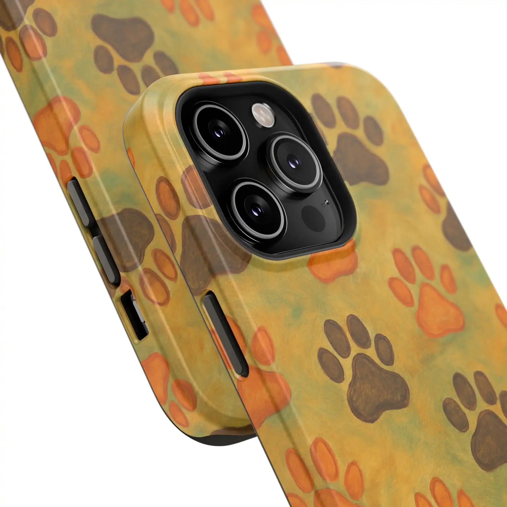 Two iPhones with yellow cases featuring brown and orange paw print designs, showing different sizes