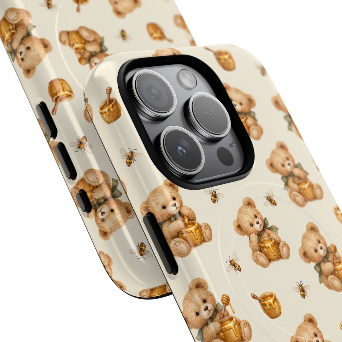 Honingknuffelbeer iPhone-hoesje — ontwerp met gele bij en honingpot met MagSafe