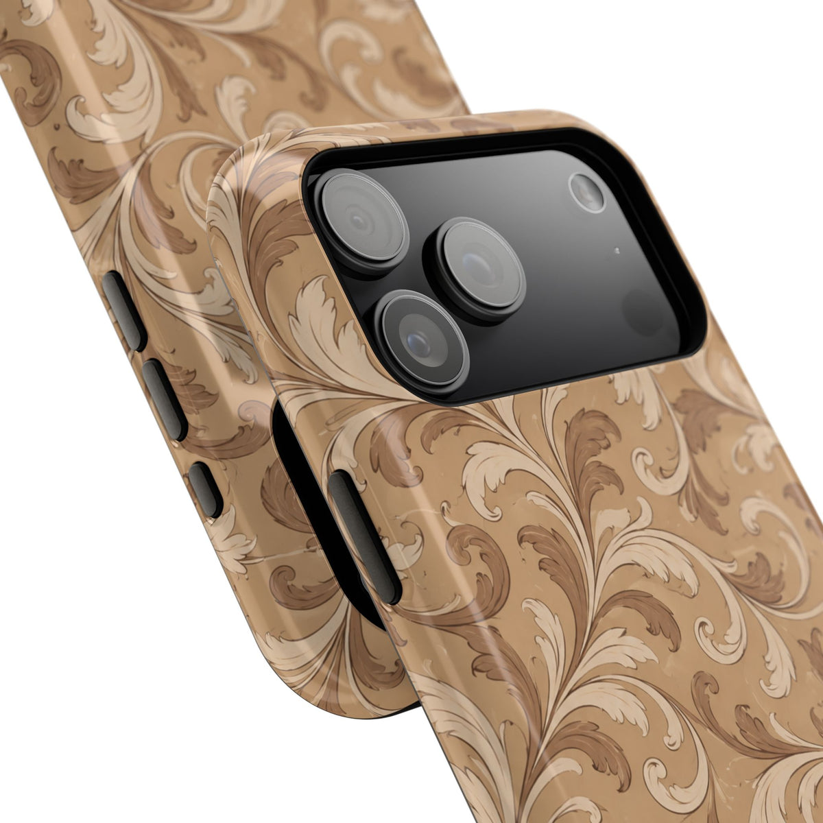 Saddle Scrolls – Tan Western Scrollwork MagSafe Phone Case, glossy wide-camera Pro Max model, camera and side-button close-up