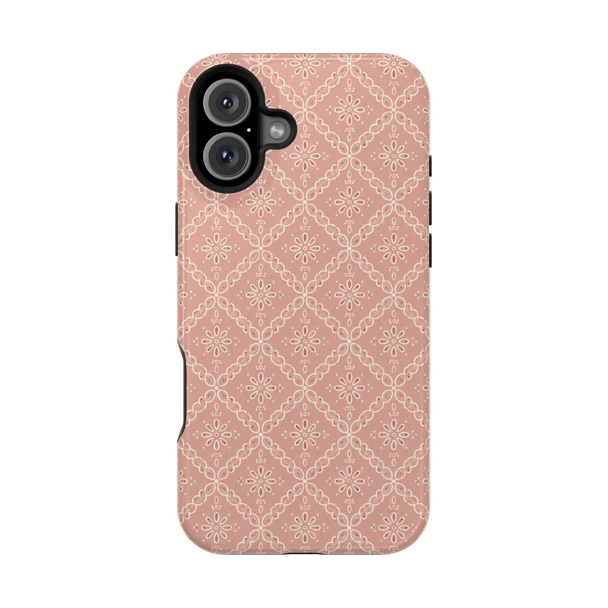 Meadow Lace – Blush Pink Lace Pattern MagSafe Phone Case, glossy iPhone 16 Plus, rear view