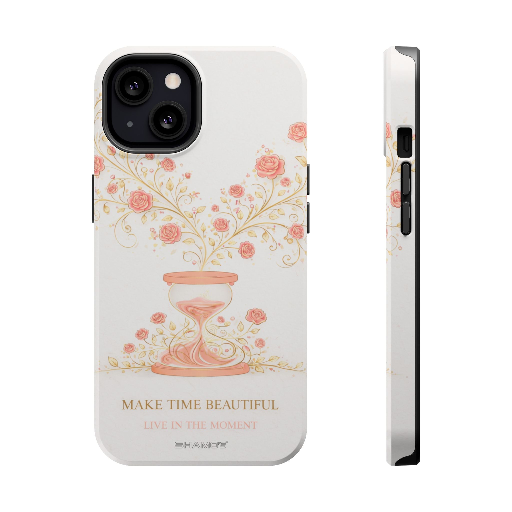 Magnetic iPhone Case, "Make Time Beautiful" Floral Hourglass Protective Cover - iPhone 13 / Glossy - Shamo's