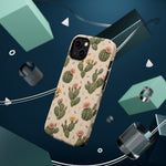 Cactus Bloom – Sage Green Floral Cactus MagSafe Phone Case, glossy diagonal dual-camera model, rear view with magnetic accessories