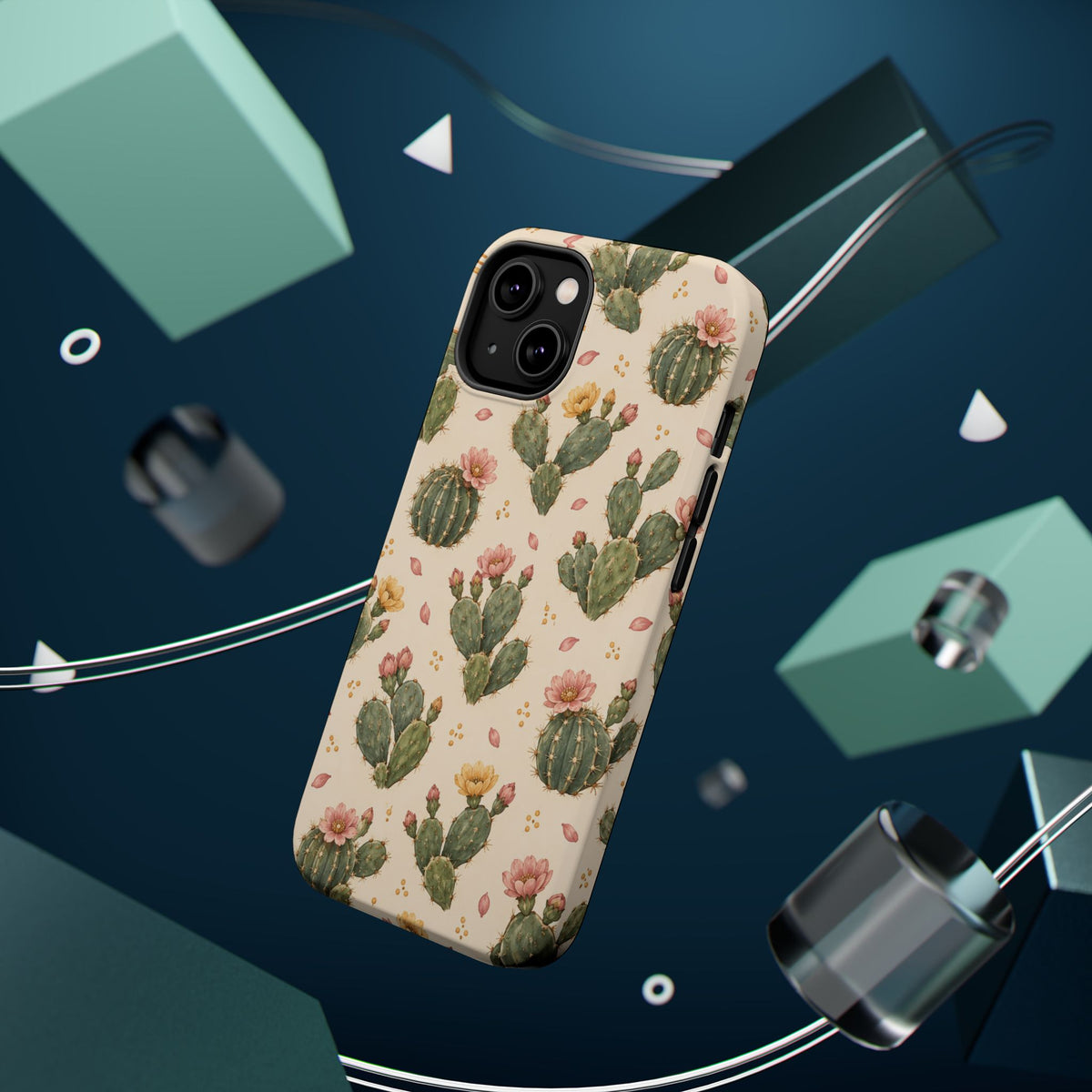Cactus Bloom – Sage Green Floral Cactus MagSafe Phone Case, glossy diagonal dual-camera model, rear view with magnetic accessories