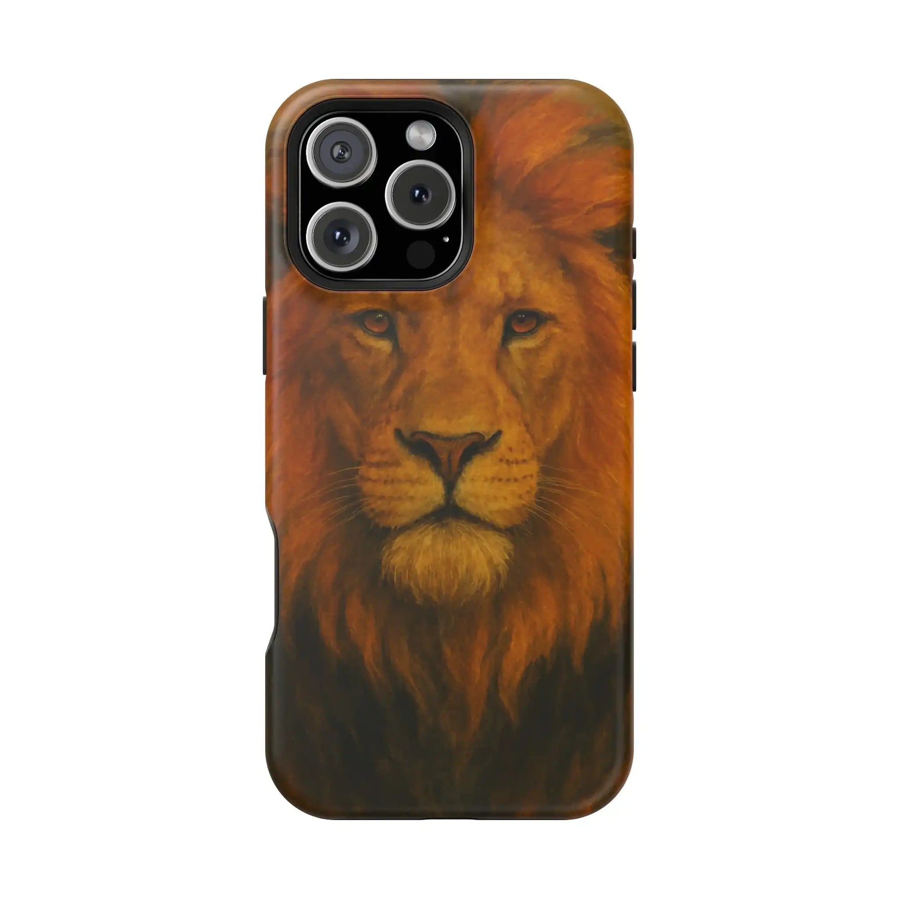 iPhone case with detailed lion face artwork close-up showing camera cutout variant size