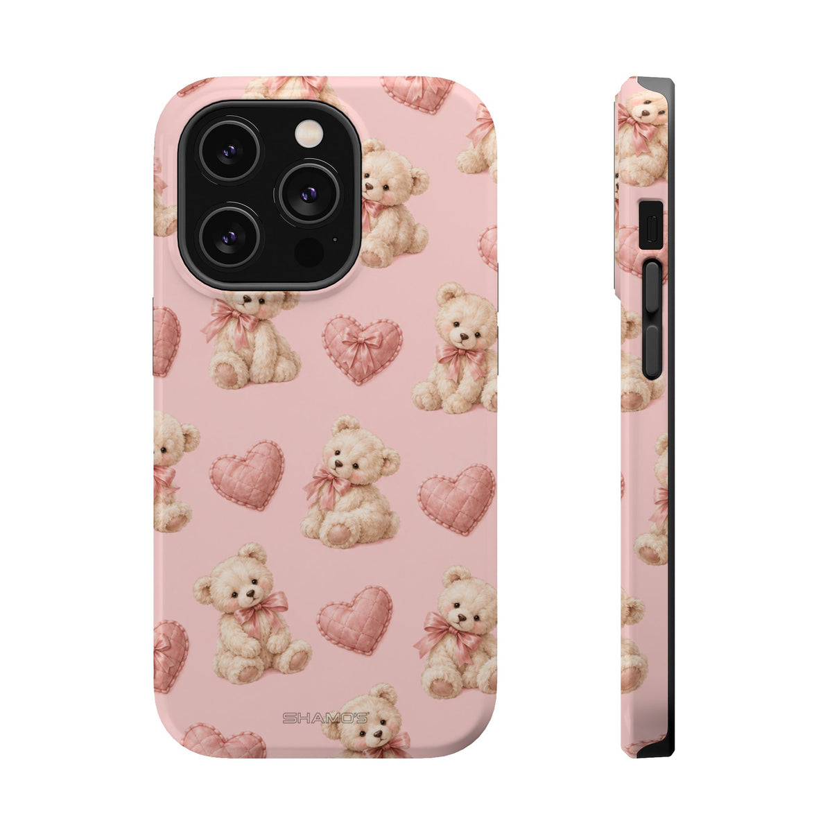 Pink Teddy Hearts Love iPhone Case, Impact-Resistant MagSafe Compatible
