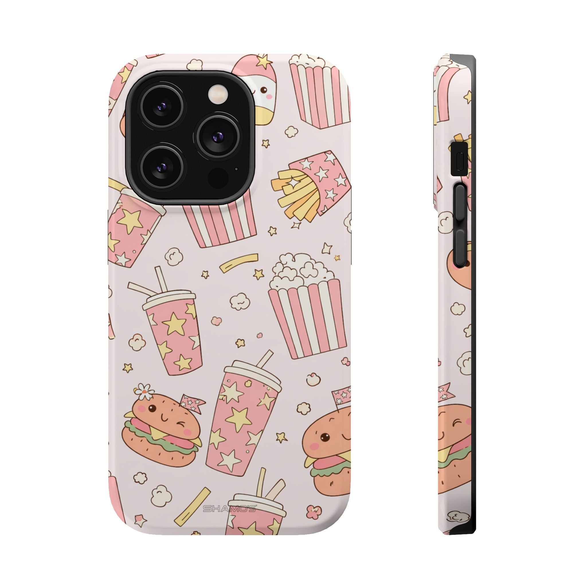 Kawaii Snack Pattern Magnetic Phone Case, Cute Popcorn, Burger & Soda Design with MagSafe Compatibility - iPhone 14 Pro / Glossy - Shamo's