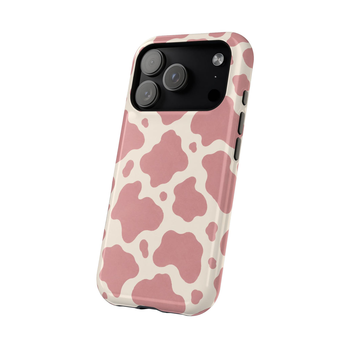 Rose Cowprint – Pink Cow Print MagSafe Phone Case, glossy compact wide-camera Pro model, angled rear view