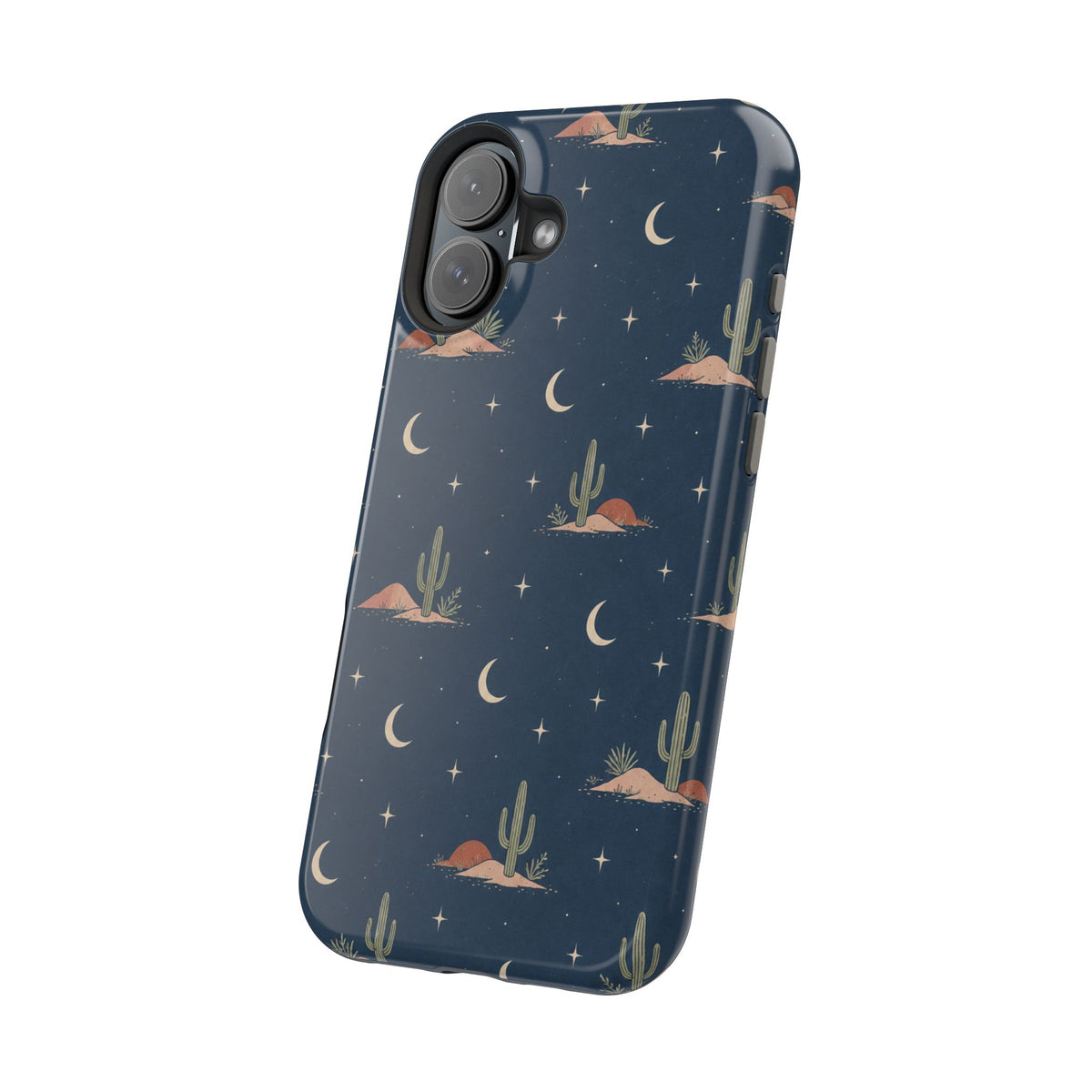 Desert Moon MagSafe Phone Case, glossy vertical dual-camera model, angled rear view