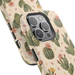 Cactus Bloom – Sage Green Floral Cactus MagSafe Phone Case, glossy square triple-camera Pro model, camera and side-button close-up
