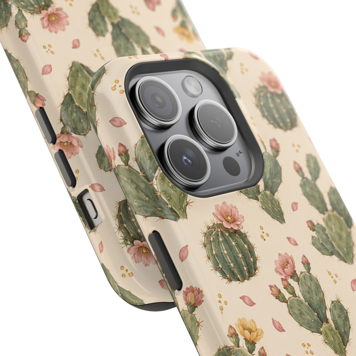 Cactus Bloom – Sage Green Floral Cactus MagSafe Phone Case, glossy square triple-camera Pro model, camera and side-button close-up