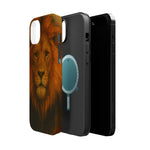 Three phone cases with variant size, one featuring a realistic lion face and others in solid black