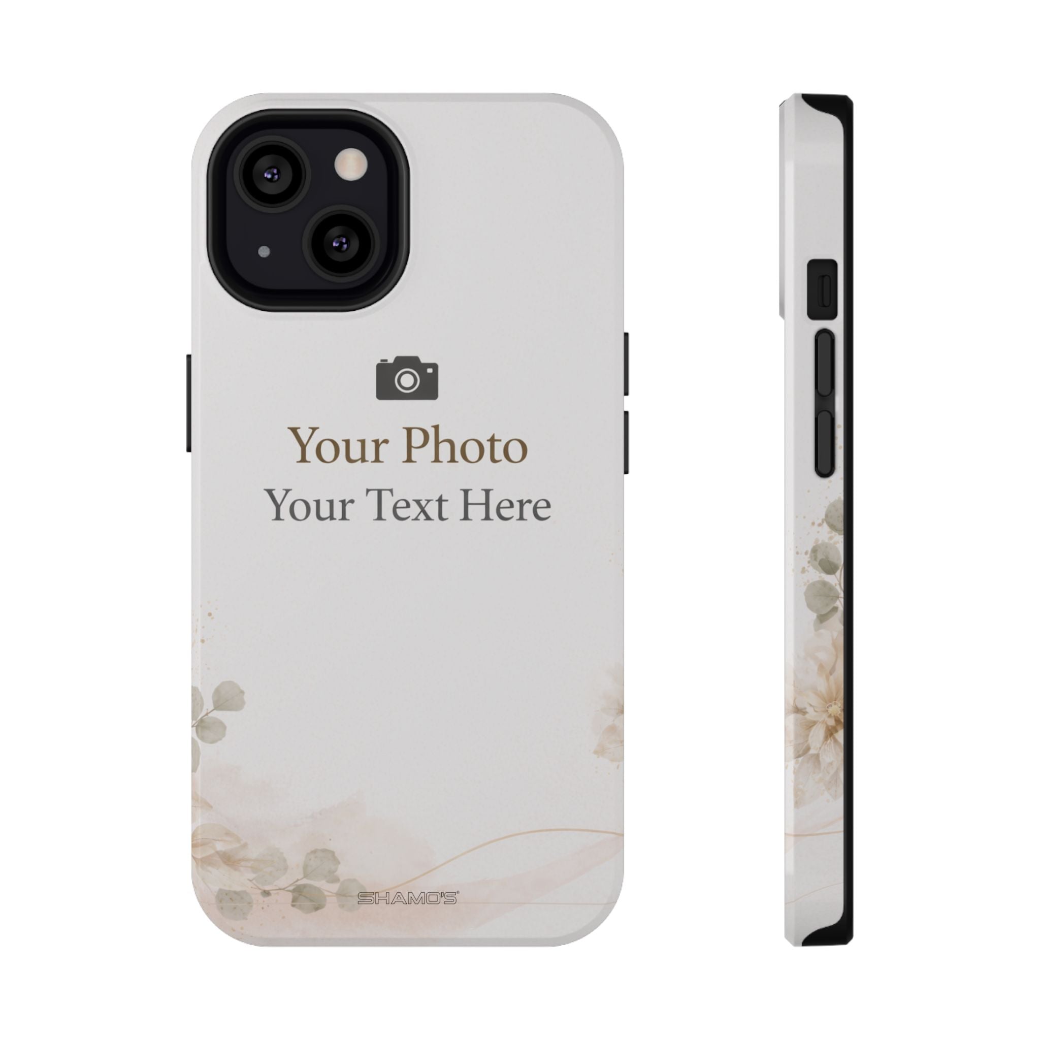 Custom phone case preview with a pale background and text reading Your Photo, Your Text Here