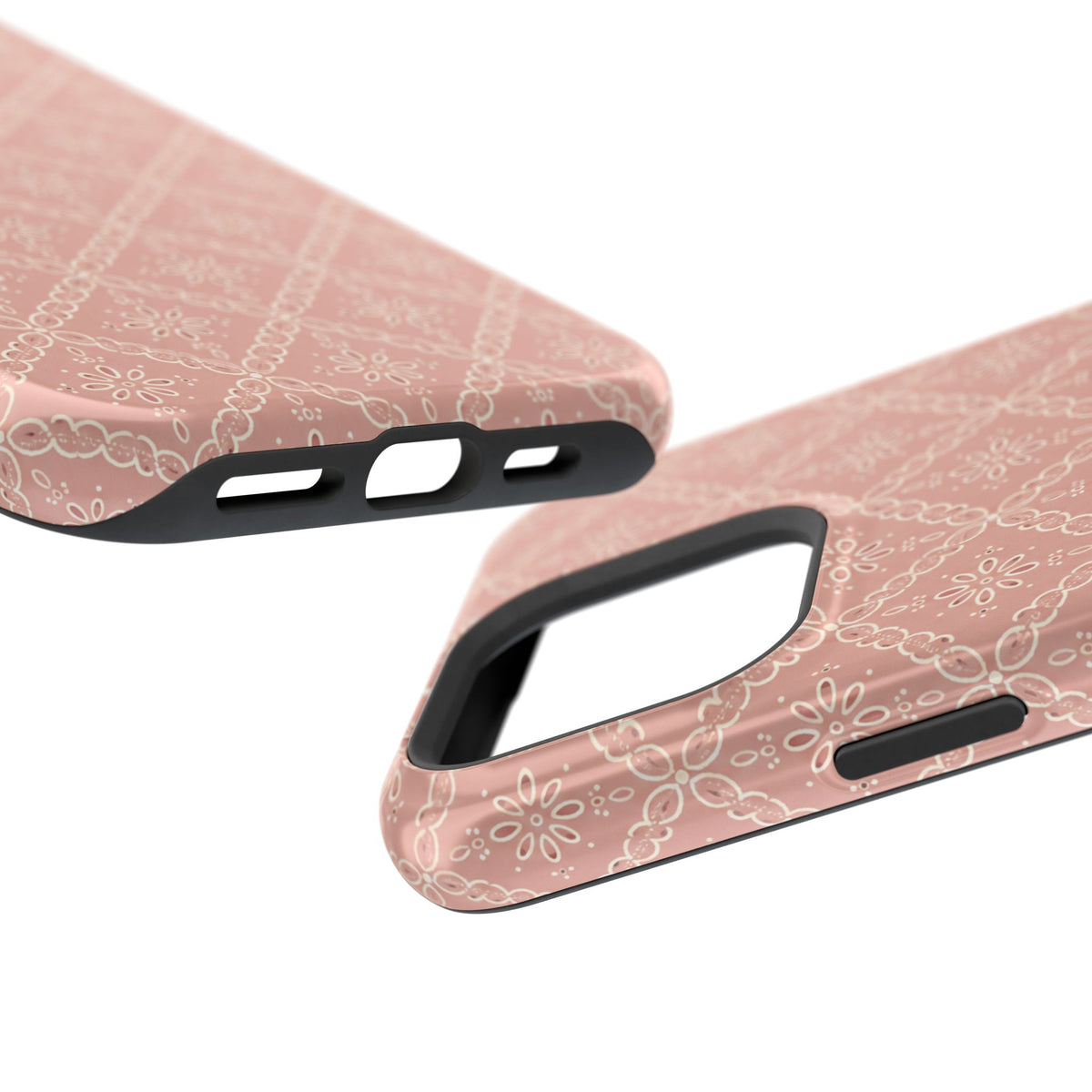 Meadow Lace – Blush Pink Lace Pattern MagSafe Phone Case, glossy square triple-camera Pro model, port openings and edge details