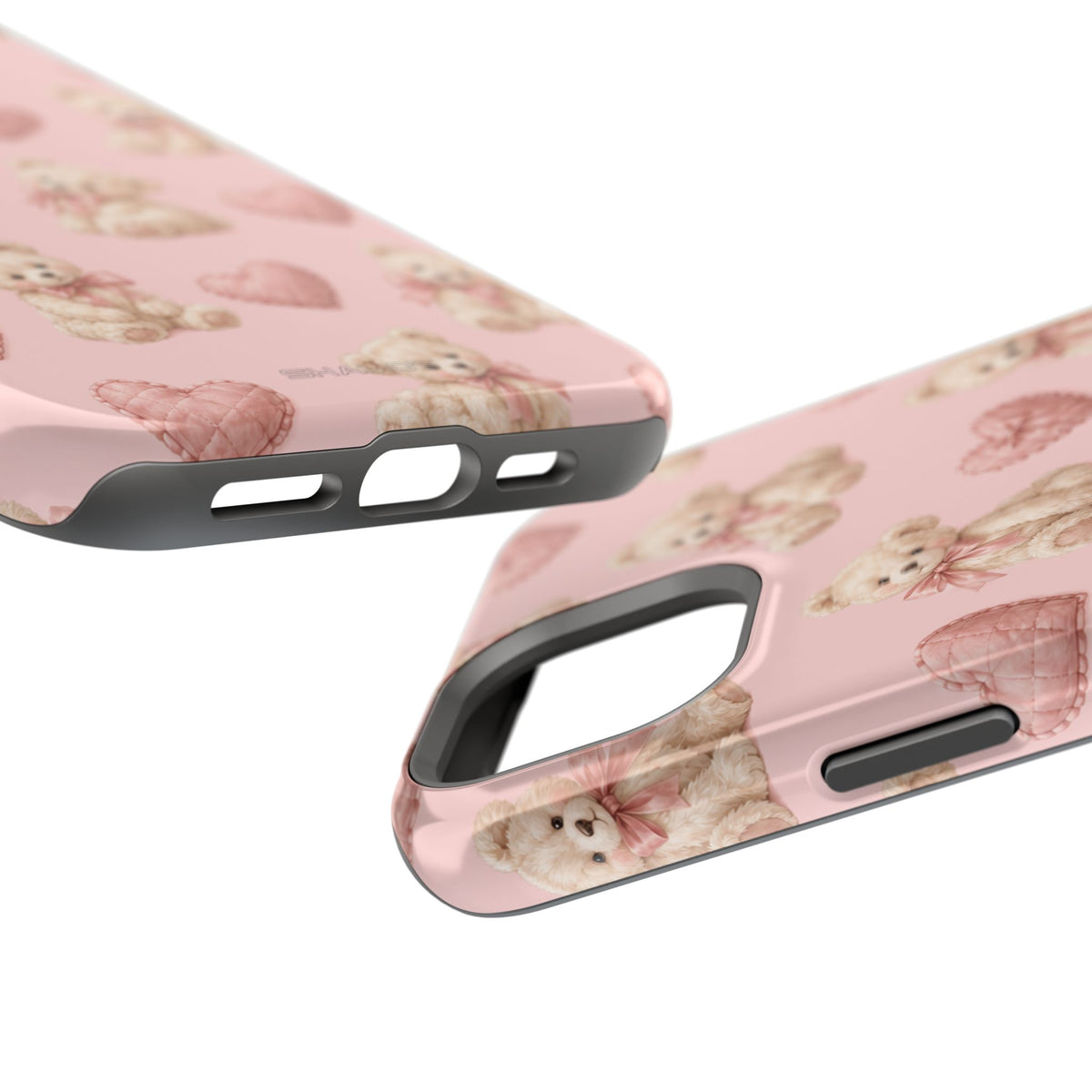 Pink Teddy Hearts Love iPhone Case, Impact-Resistant MagSafe Compatible
