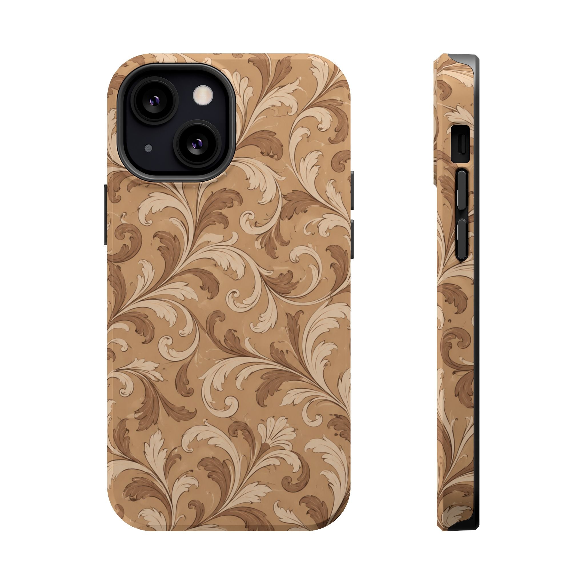 Saddle Scrolls – Tan Western Scrollwork MagSafe Phone Case, glossy iPhone 13 Mini, rear and side profile