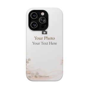 Custom phone case preview with a pale background and text reading Your Photo, Your Text Here