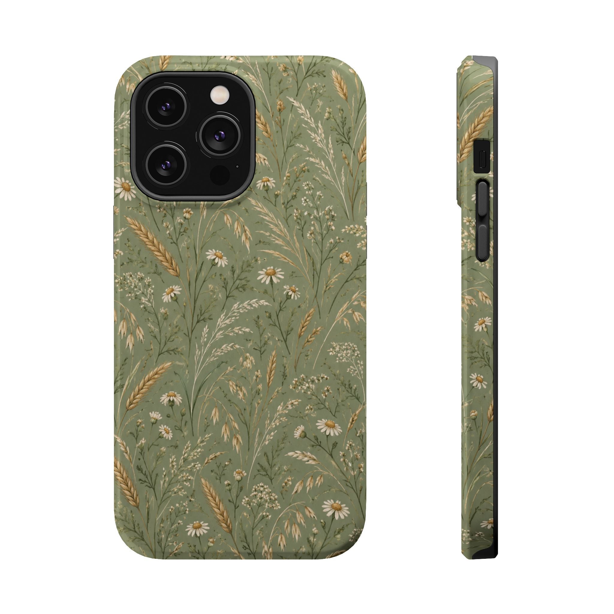 Golden Meadow – Sage Green Wildflower MagSafe Phone Case, glossy iPhone 14 Pro Max, rear and side profile