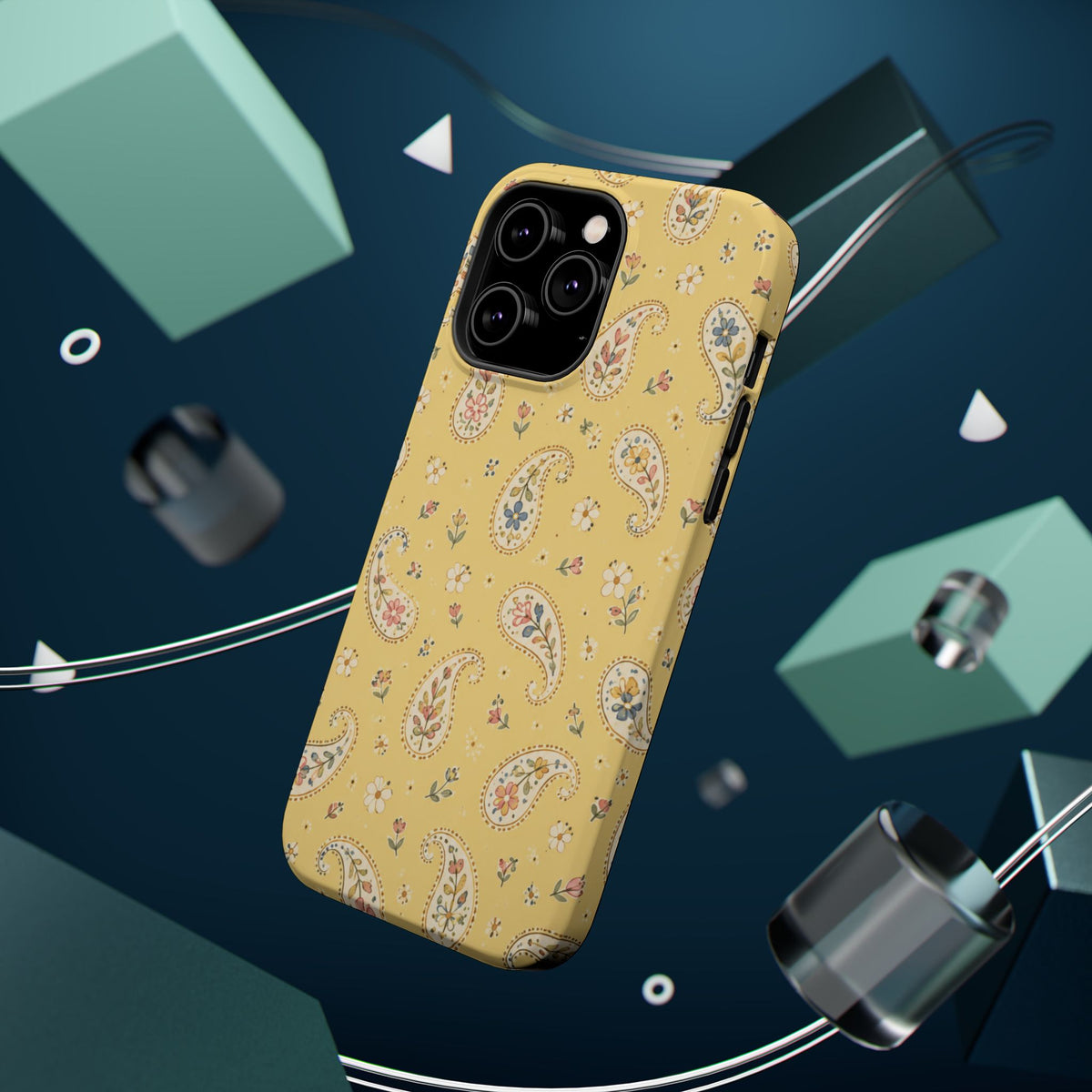 Honey Paisley MagSafe Phone Case, glossy square triple-camera Pro model, rear view with magnetic accessories