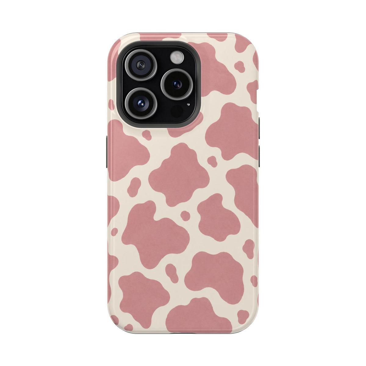 Rose Cowprint – Pink Cow Print MagSafe Phone Case, glossy iPhone 15 Pro, rear view