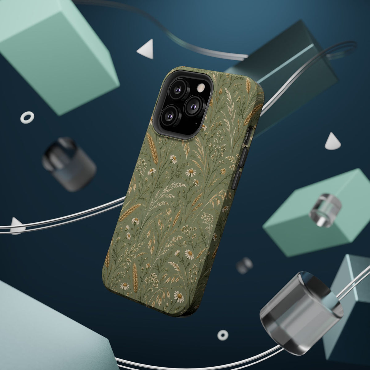 Golden Meadow – Sage Green Wildflower MagSafe Phone Case, glossy square triple-camera Pro model, rear view with magnetic accessories