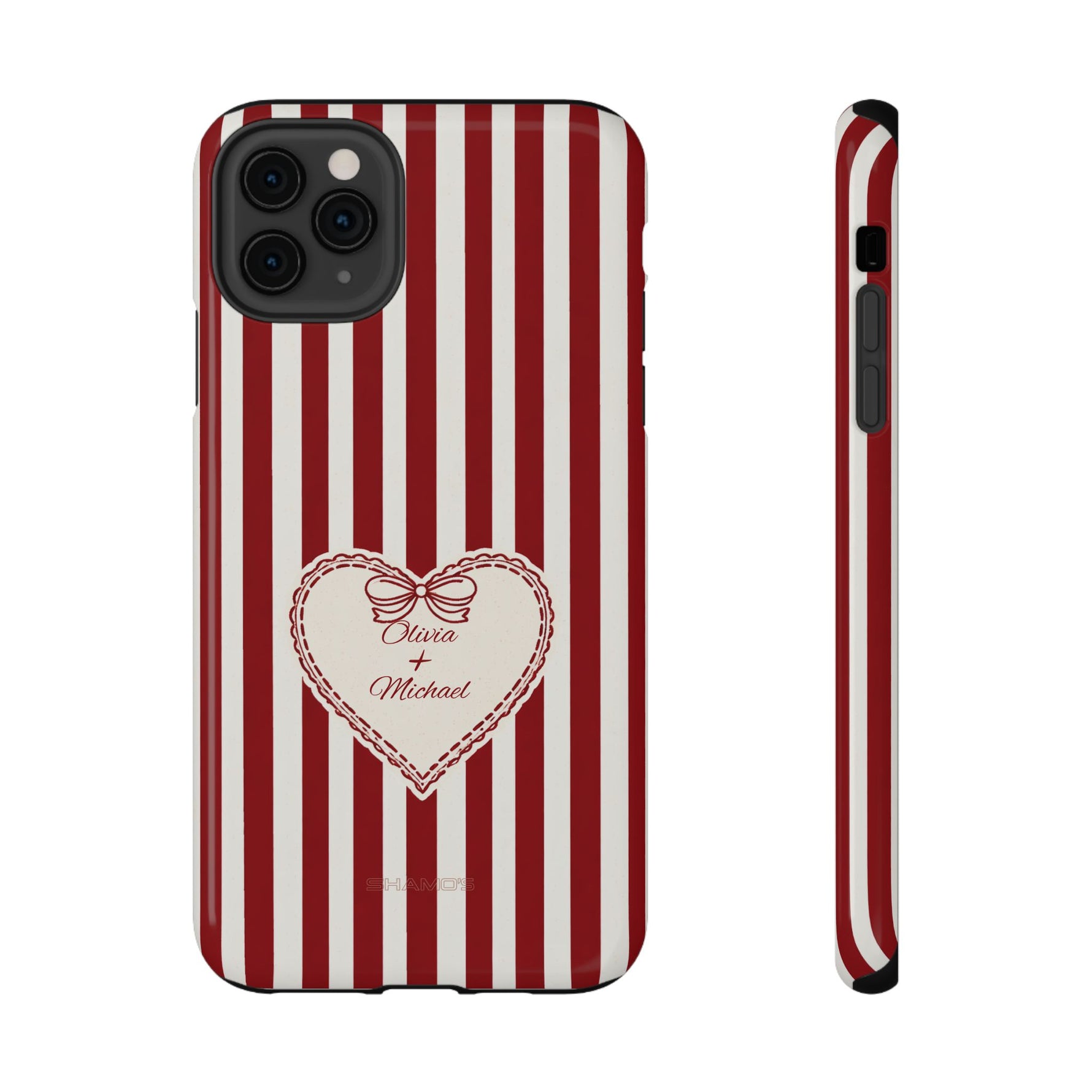 Funda personalizada a rayas — Diseño de corazón rojo y blanco (nombres personalizados)