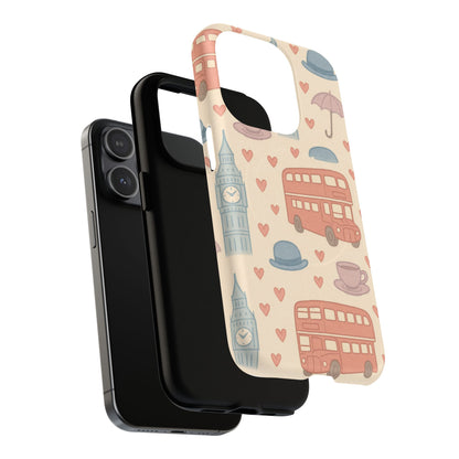 London Icons Hand-Drawn iPhone Case — Cute Double-Decker Bus & Big Ben Pattern with MagSafe compatibility