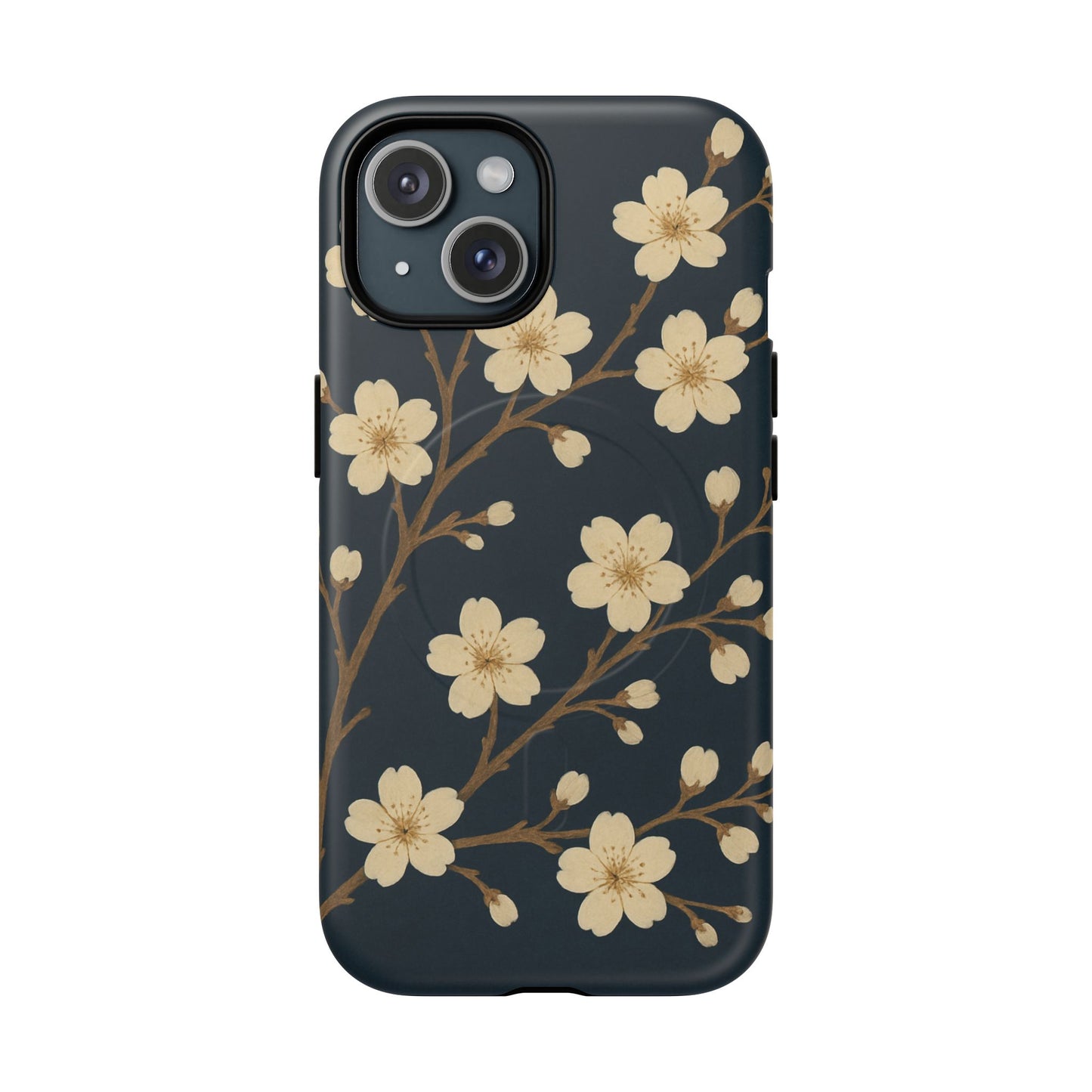 Navy Cherry Blossom Floral iPhone Case - Compatible with MagSafe