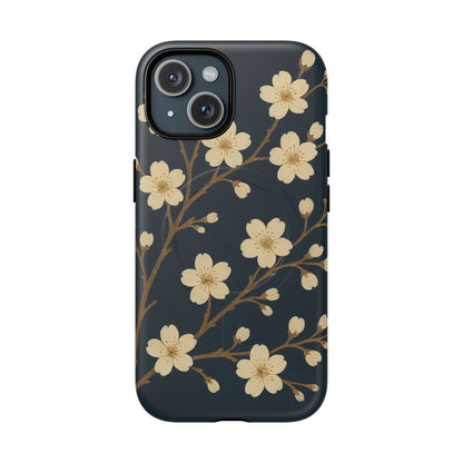 Navy Cherry Blossom Floral iPhone Case - Compatible with MagSafe