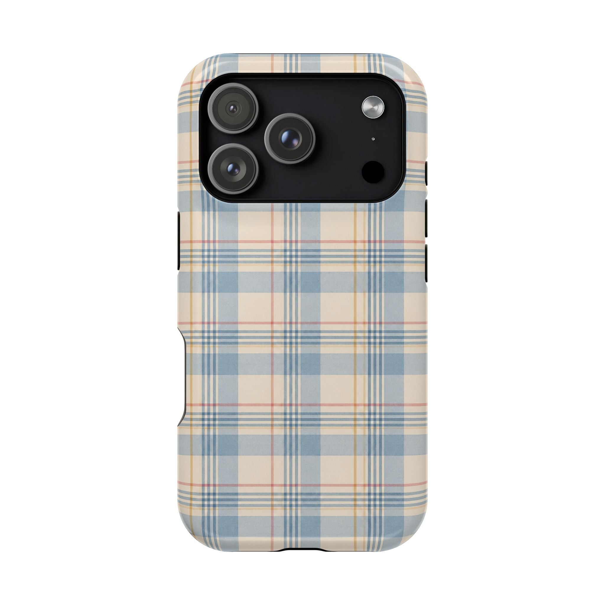 Ranch Check – Blue and Cream Plaid MagSafe Phone Case, glossy iPhone 17 Pro, rear view