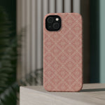 Meadow Lace – Blush Pink Lace Pattern MagSafe Phone Case, glossy diagonal dual-camera model, rear view on a tabletop