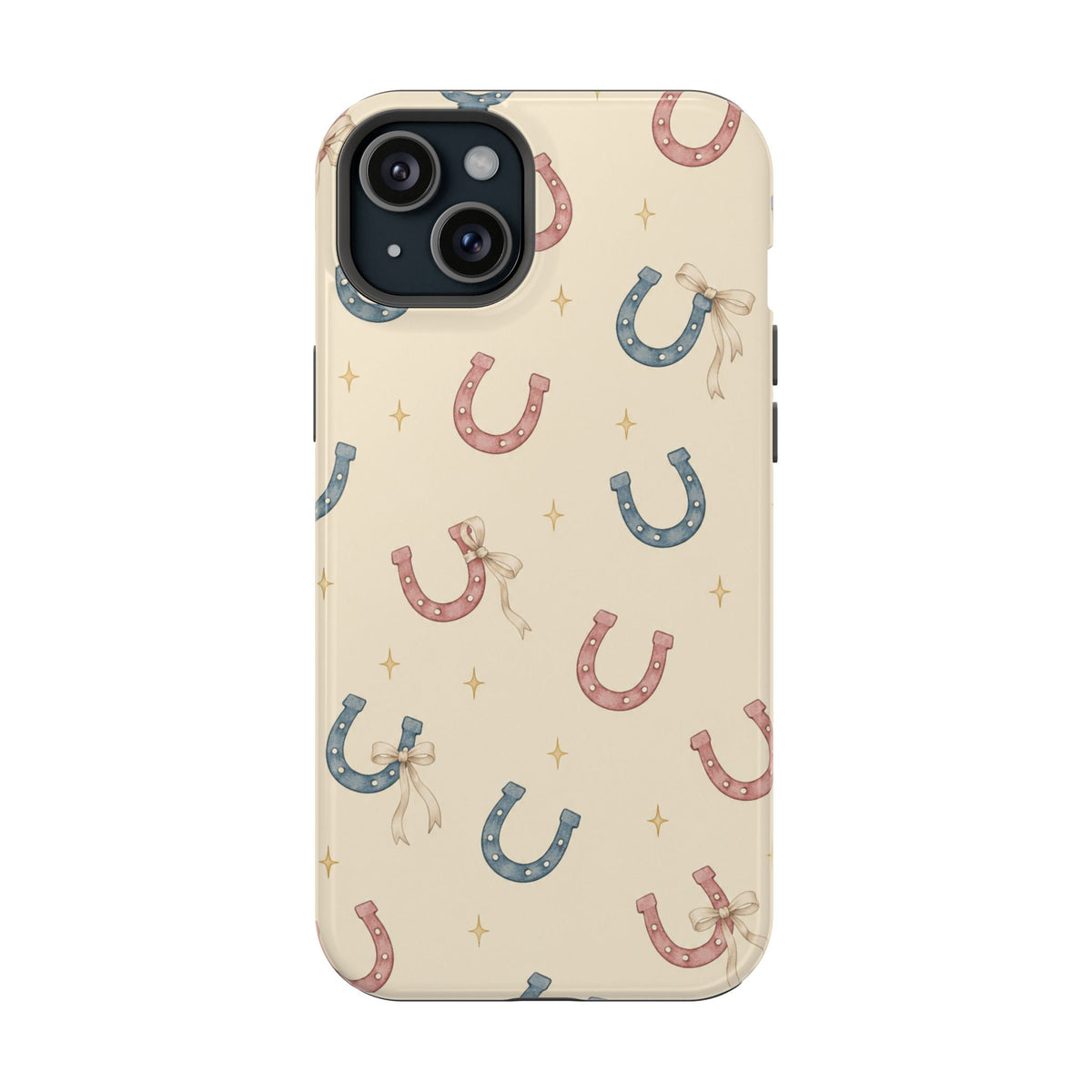 Prairie Horseshoes MagSafe Phone Case, glossy iPhone 15 Plus, rear view