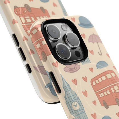 London Icons Hand-Drawn iPhone Case — Cute Double-Decker Bus & Big Ben Pattern with MagSafe compatibility