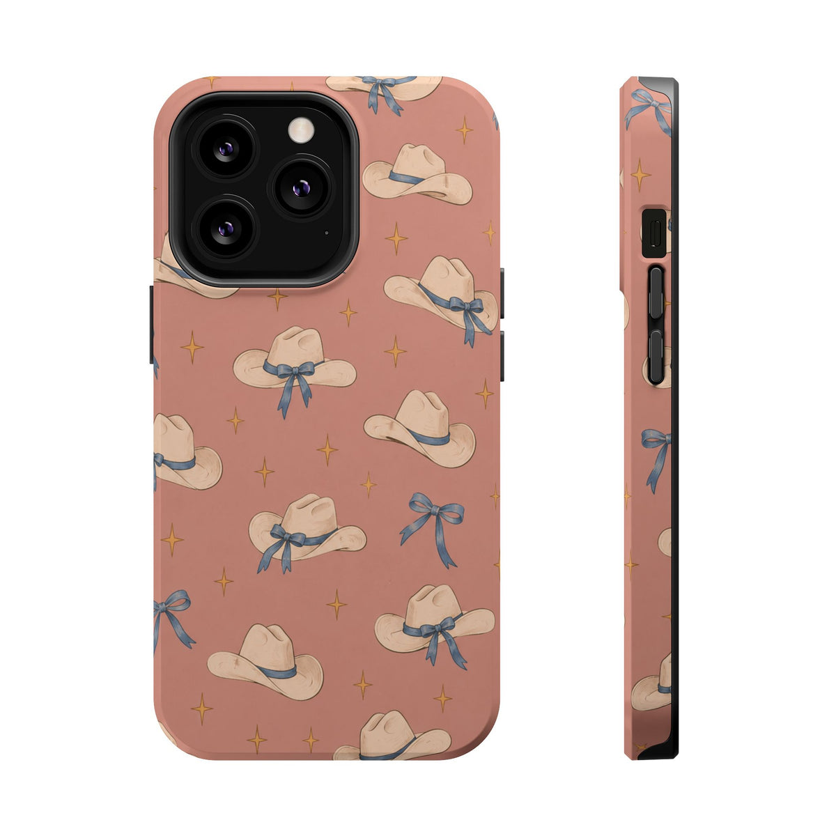 Ribbon Rodeo – Cowgirl Hat and Bow MagSafe Phone Case, Pink, glossy iPhone 13 Pro, rear and side profile