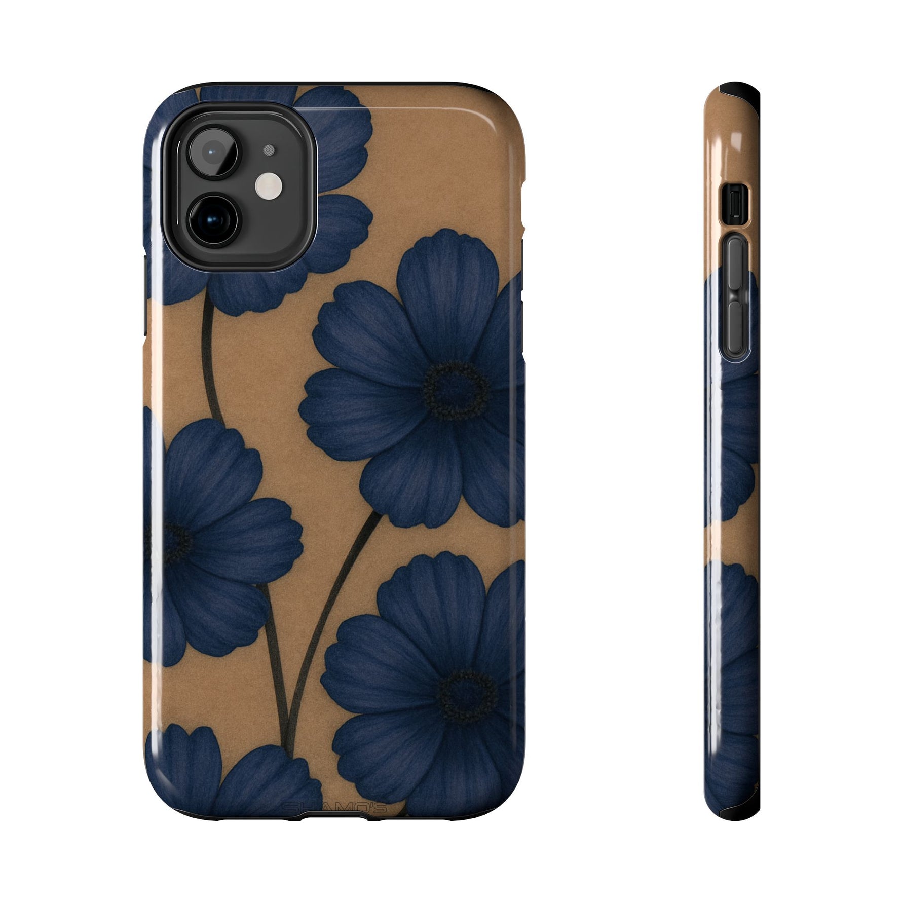 Navy Floral Tough Phone Case — Durable Protective Case with Blue Flowers on Kraft Background