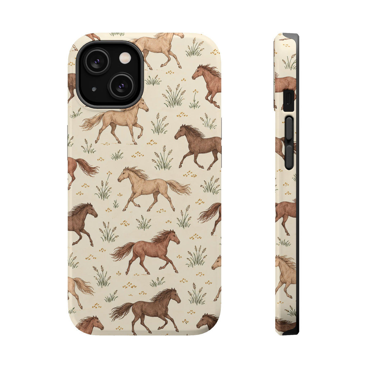 Wild Mustangs – Western Horse Pattern MagSafe Phone Case, glossy iPhone 14, rear and side profile