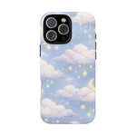 iPhone case with dreamy sky design featuring clouds, stars, and crescent moon in pastel colors, variant size