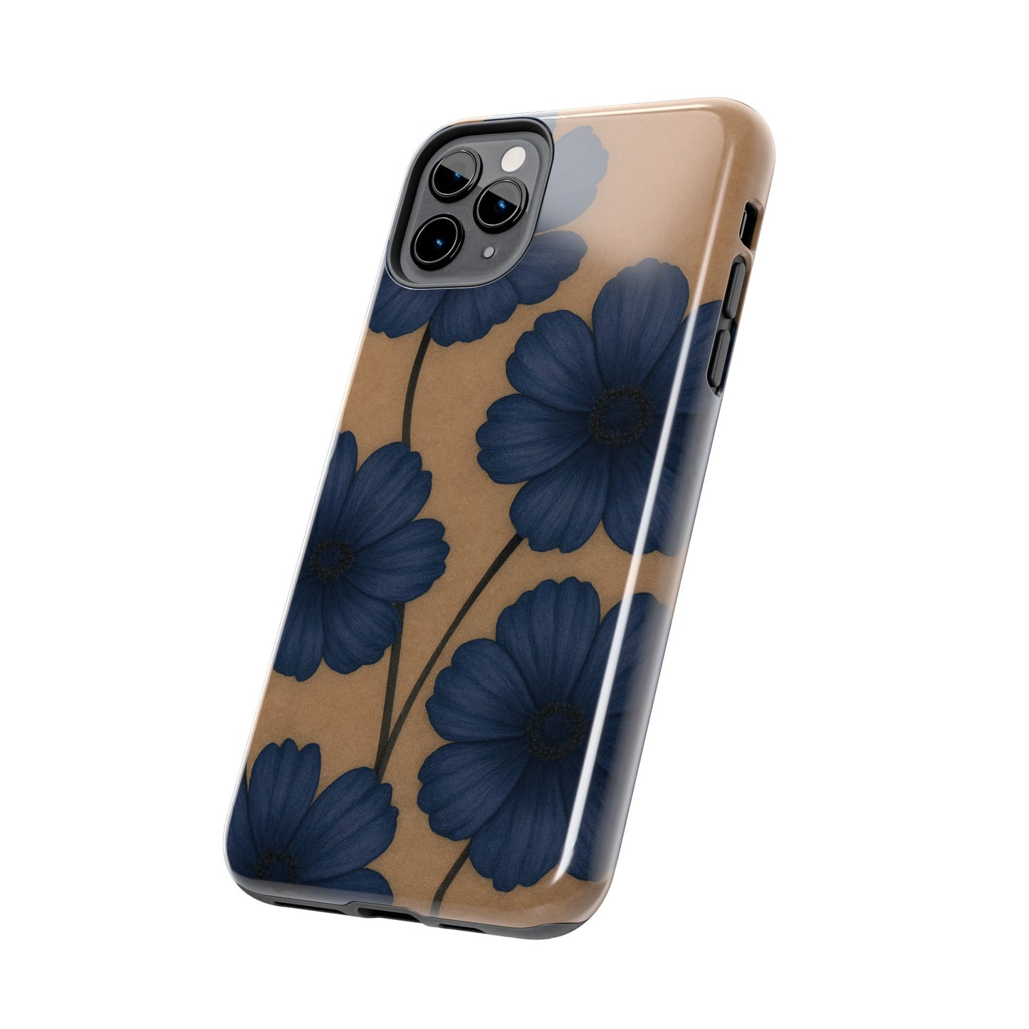 Navy Floral Tough iPhone Case — Durable Protective Case with Blue Flowers on Kraft Background