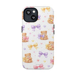 Phone case with 13cm size featuring cute teddy bears holding bows in pink, yellow, and purple hearts