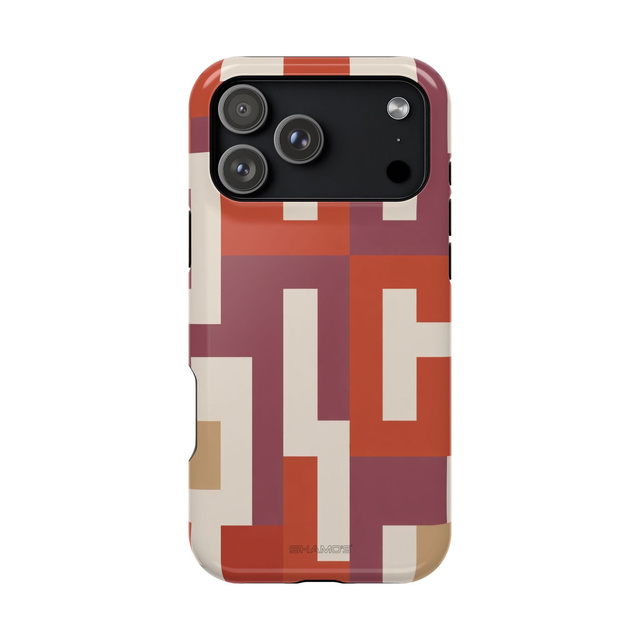 Phone case with interlocking rectangular shapes in rust red, burgundy, and cream