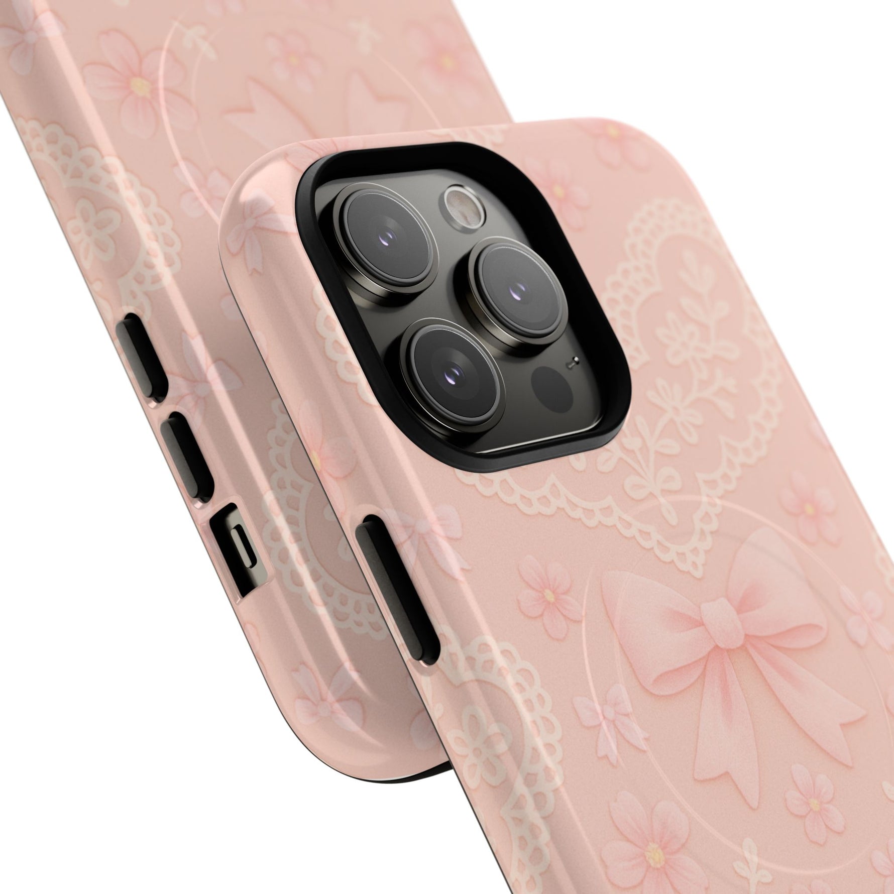 Balletcore Pink Floral Lace iPhone Case with Bow | Works with MagSafe - Shamo's
