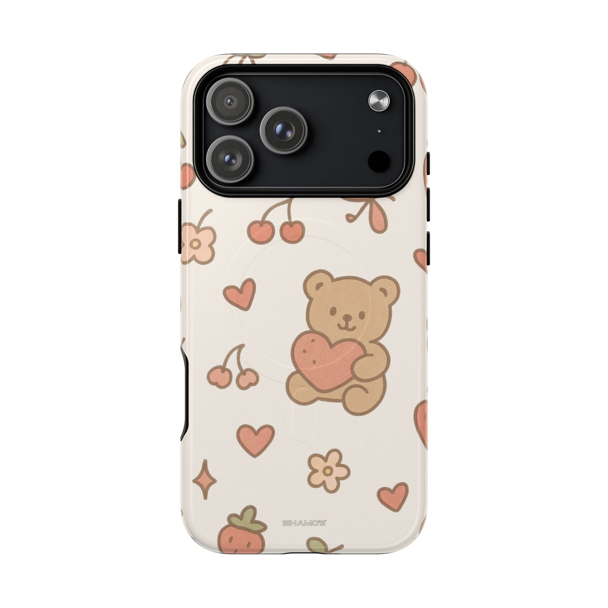 Cute teddy bear heart phone case with cherries and flowers, shown for smartphone variant size