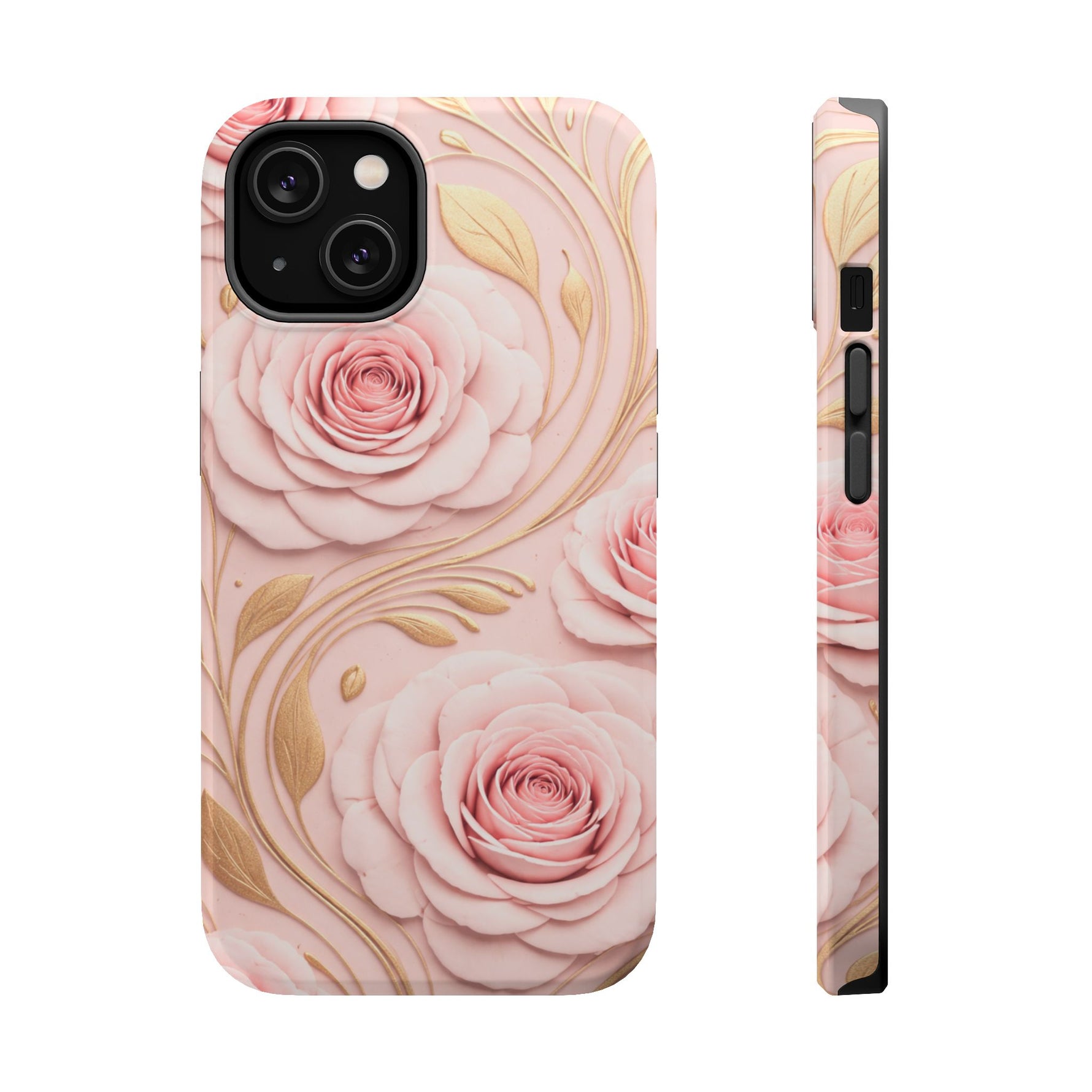 Floral Pink Rose MagSafe iPhone Case, Gold Leaf Magnetic Impact-Resistant