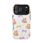 iPhone case with small size featuring teddy bears with bows and colorful hearts pattern