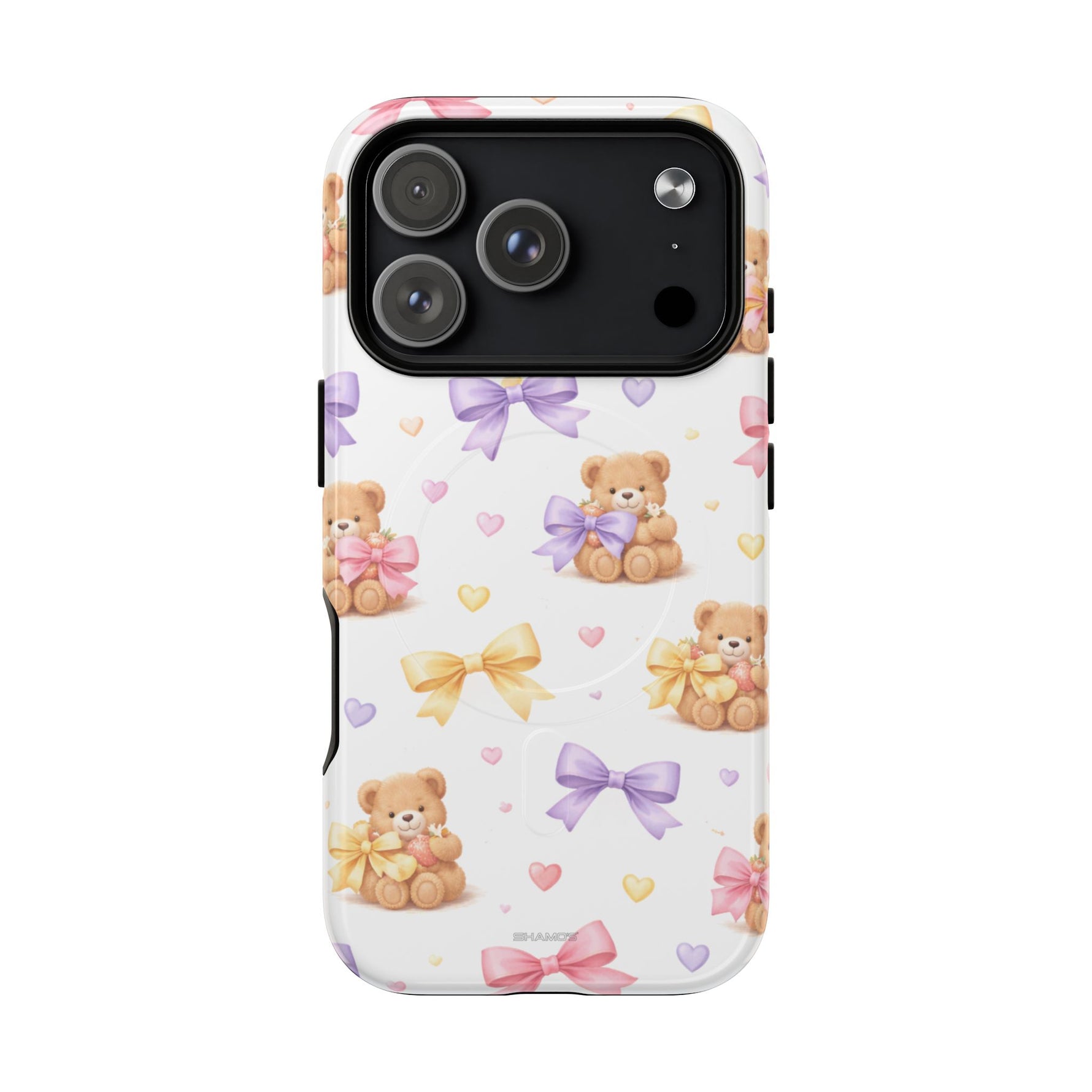 iPhone case with small size featuring teddy bears with bows and colorful hearts pattern