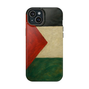 Close-up of iPhone case showing Palestinian flag design with red triangle variant visible